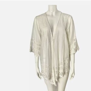 V Christina Sheer White Pleated Crochet Top Blouse Tunic Beach Cover Up Small